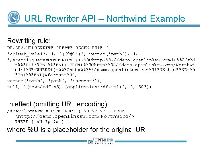 URL Rewriter API – Northwind Example Rewriting rule: DB. DBA. URLREWRITE_CREATE_REGEX_RULE ( 'oplweb_rule 1‘, URL Rewriter API – Northwind Example Rewriting rule: DB. DBA. URLREWRITE_CREATE_REGEX_RULE ( 'oplweb_rule 1‘,