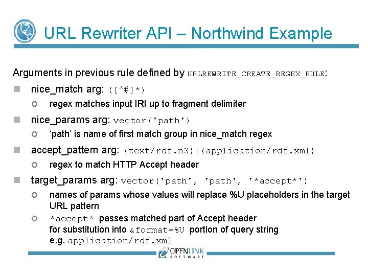 URL Rewriter API – Northwind Example Arguments in previous rule defined by URLREWRITE_CREATE_REGEX_RULE: nice_match URL Rewriter API – Northwind Example Arguments in previous rule defined by URLREWRITE_CREATE_REGEX_RULE: nice_match