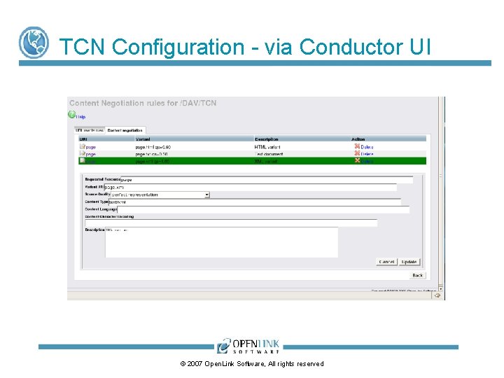 TCN Configuration - via Conductor UI © 2007 Open. Link Software, All rights reserved TCN Configuration - via Conductor UI © 2007 Open. Link Software, All rights reserved