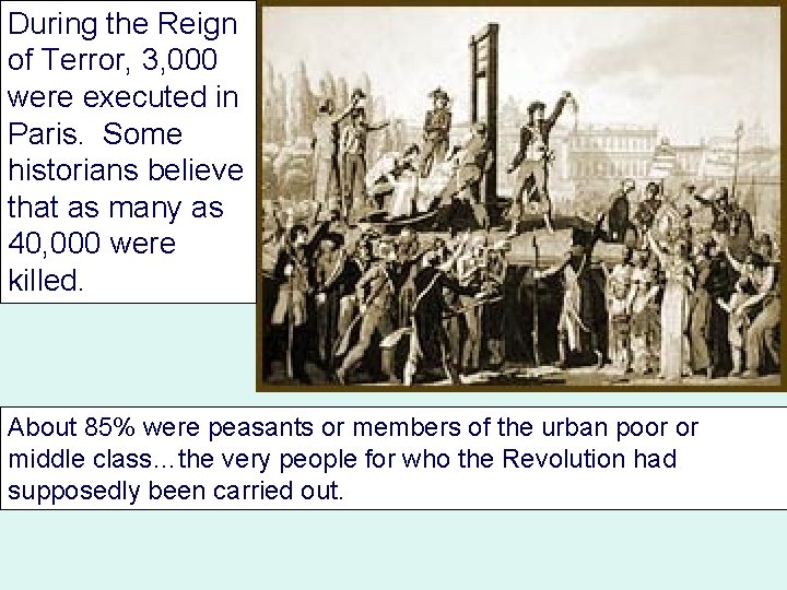 During the Reign of Terror, 3, 000 were executed in Paris. Some historians believe