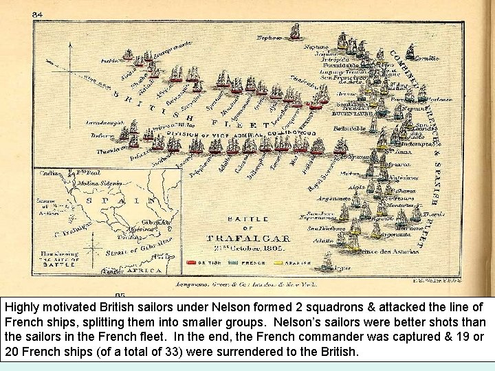 Highly motivated British sailors under Nelson formed 2 squadrons & attacked the line of