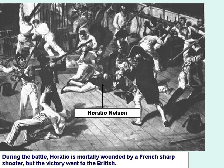 Horatio Nelson During the battle, Horatio is mortally wounded by a French sharp shooter,