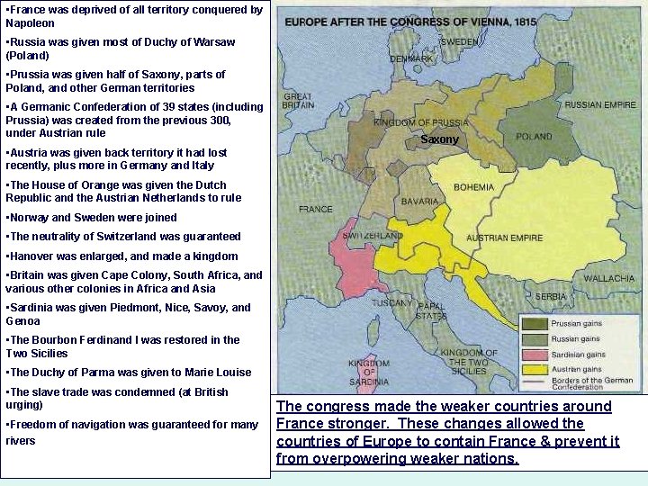  • France was deprived of all territory conquered by Napoleon • Russia was