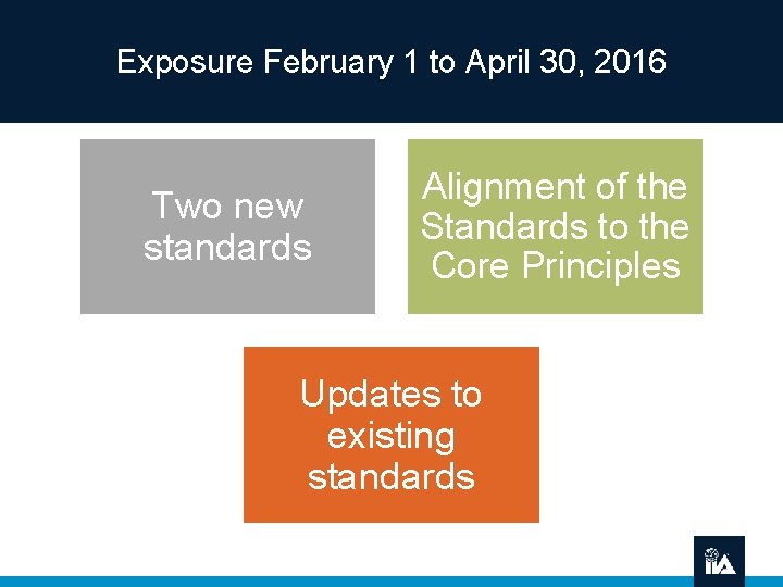 Exposure February 1 to April 30, 2016 Two new standards Alignment of the Standards