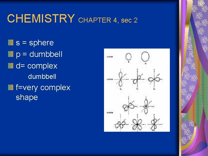 CHEMISTRY CHAPTER 4, sec 2 s = sphere p = dumbbell d= complex dumbbell