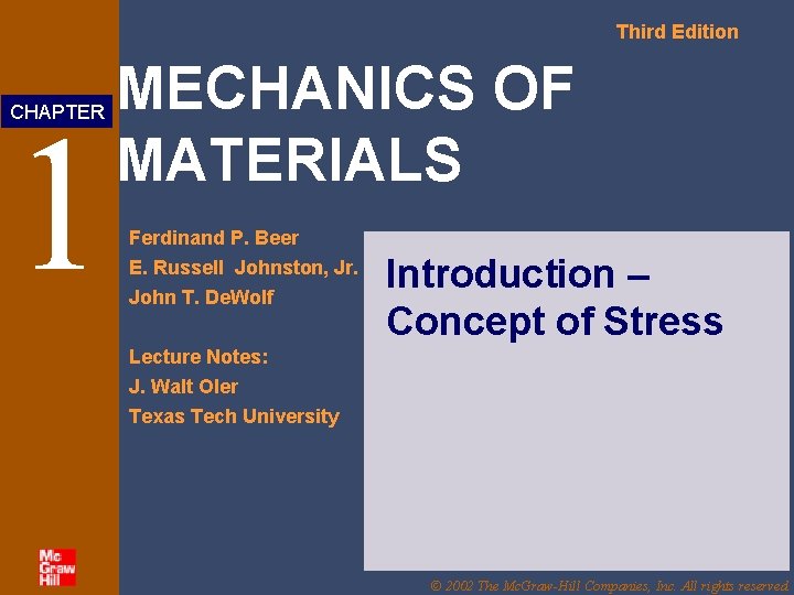 Third Edition 1 CHAPTER MECHANICS OF MATERIALS Ferdinand P. Beer E. Russell Johnston, Jr.