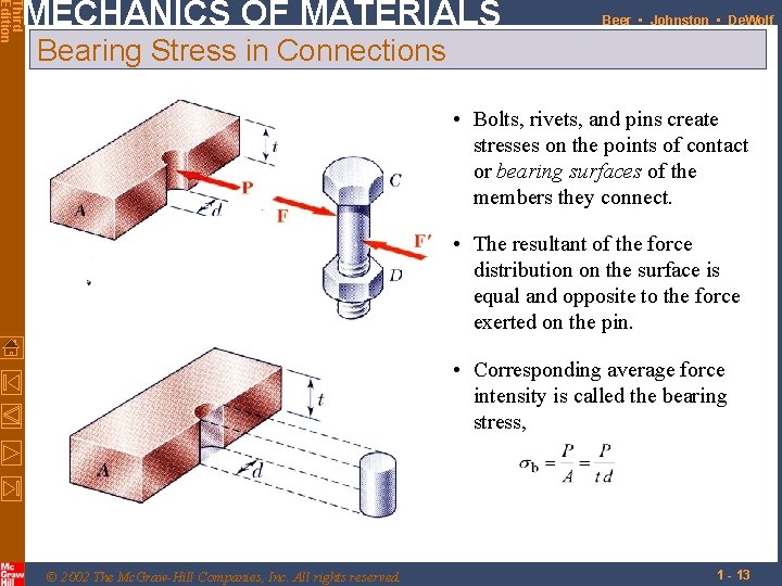 Third Edition MECHANICS OF MATERIALS Beer • Johnston • De. Wolf Bearing Stress in