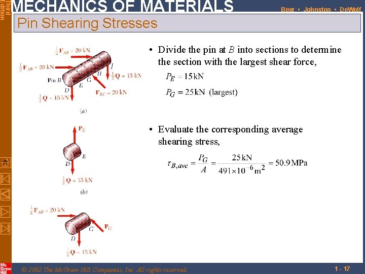 Third Edition MECHANICS OF MATERIALS Beer • Johnston • De. Wolf Pin Shearing Stresses