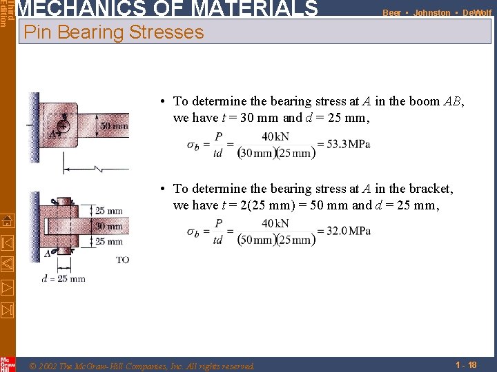 Third Edition MECHANICS OF MATERIALS Beer • Johnston • De. Wolf Pin Bearing Stresses