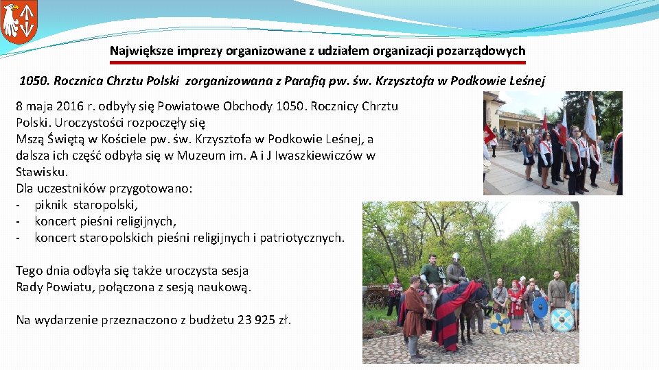 Największe imprezy organizowane z udziałem organizacji pozarządowych 1050. Rocznica Chrztu Polski zorganizowana z Parafią