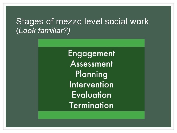 Stages of mezzo level social work (Look familiar? ) 