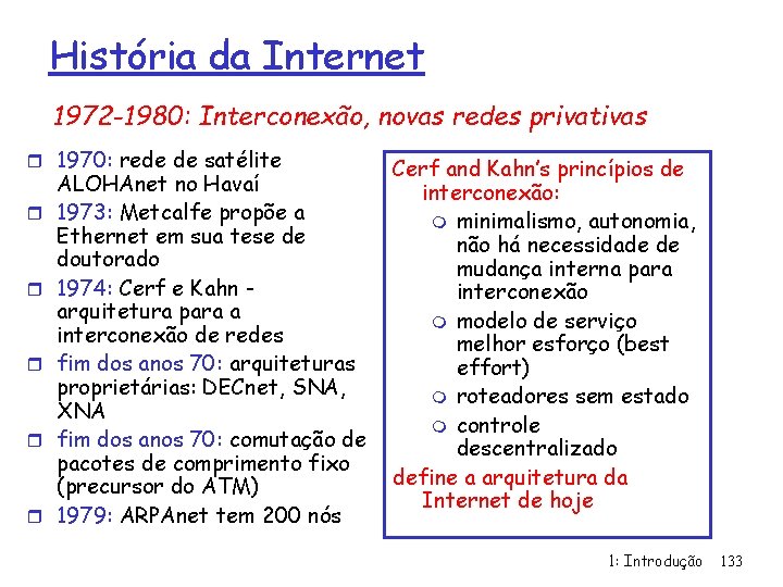 História da Internet 1972 -1980: Interconexão, novas redes privativas r 1970: rede de satélite