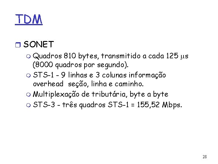 TDM r SONET m Quadros 810 bytes, transmitido a cada 125 ms (8000 quadros