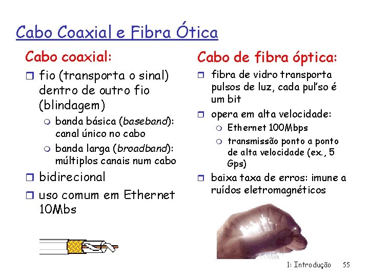 Cabo Coaxial e Fibra Ótica Cabo coaxial: r fio (transporta o sinal) dentro de