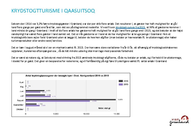 KRYDSTOGTTURISME I QAASUITSOQ Selvom der i 2016 var 3, 2% færre krydstogtgæster i Grønland,