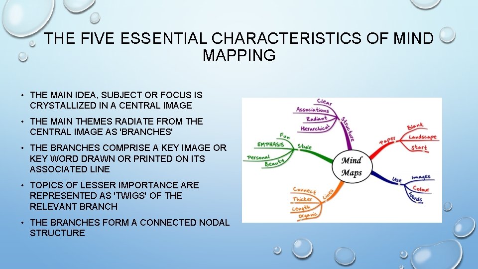 THE FIVE ESSENTIAL CHARACTERISTICS OF MIND MAPPING • THE MAIN IDEA, SUBJECT OR FOCUS