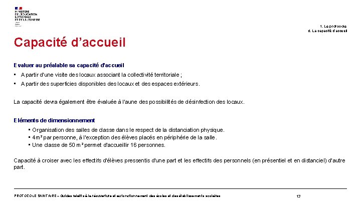 1. Le protocole d. La capacité d’accueil Capacité d’accueil Evaluer au préalable sa capacité