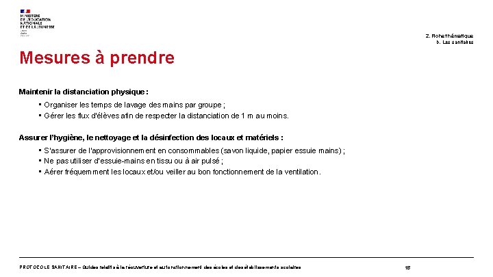 2. Fiche thématique b. Les sanitaires Mesures à prendre Maintenir la distanciation physique :