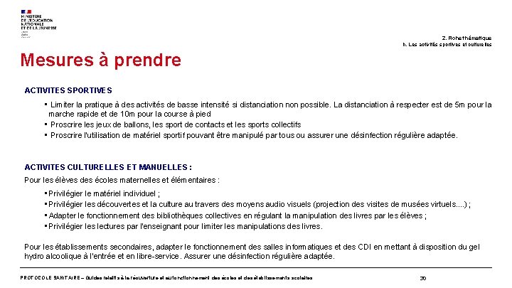 2. Fiche thématique h. Les activités sportives et culturelles Mesures à prendre ACTIVITES SPORTIVES