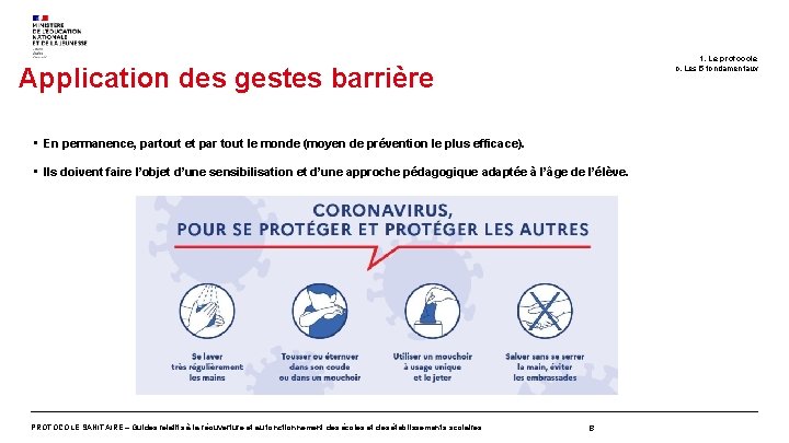 1. Le protocole c. Les 5 fondamentaux Application des gestes barrière • En permanence,