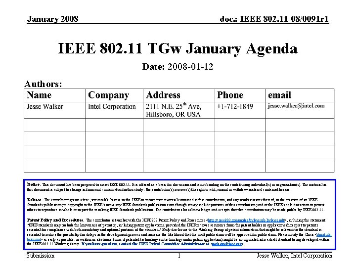 January 2008 doc. : IEEE 802. 11 -08/0091 r 1 IEEE 802. 11 TGw