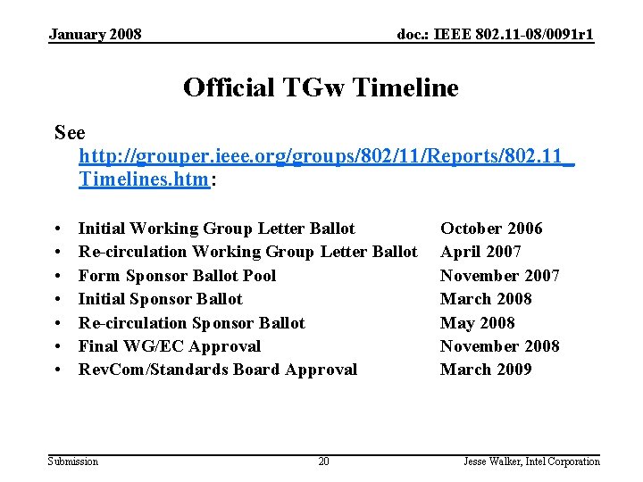 January 2008 doc. : IEEE 802. 11 -08/0091 r 1 Official TGw Timeline See