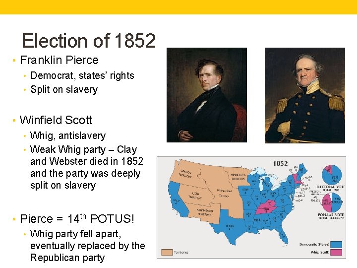 Election of 1852 • Franklin Pierce • Democrat, states’ rights • Split on slavery