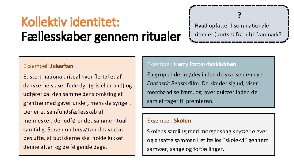 Kollektiv identitet: Fællesskaber gennem ritualer ? Hvad opfatter I som nationale ritualer (bortset fra