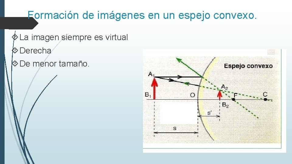 Formación de imágenes en un espejo convexo. La imagen siempre es virtual Derecha De