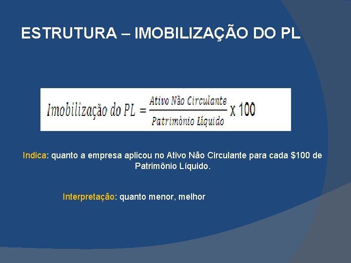 ESTRUTURA – IMOBILIZAÇÃO DO PL Indica: quanto a empresa aplicou no Ativo Não Circulante