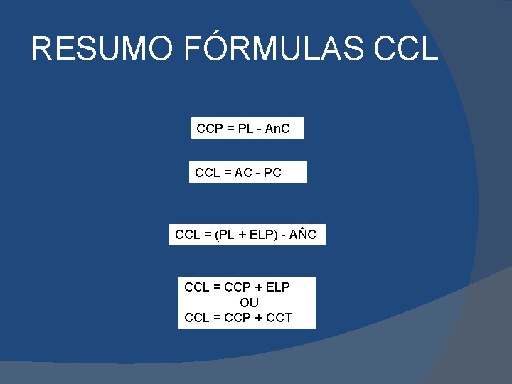 RESUMO FÓRMULAS CCL CCP = PL - An. C CCL = AC - PC