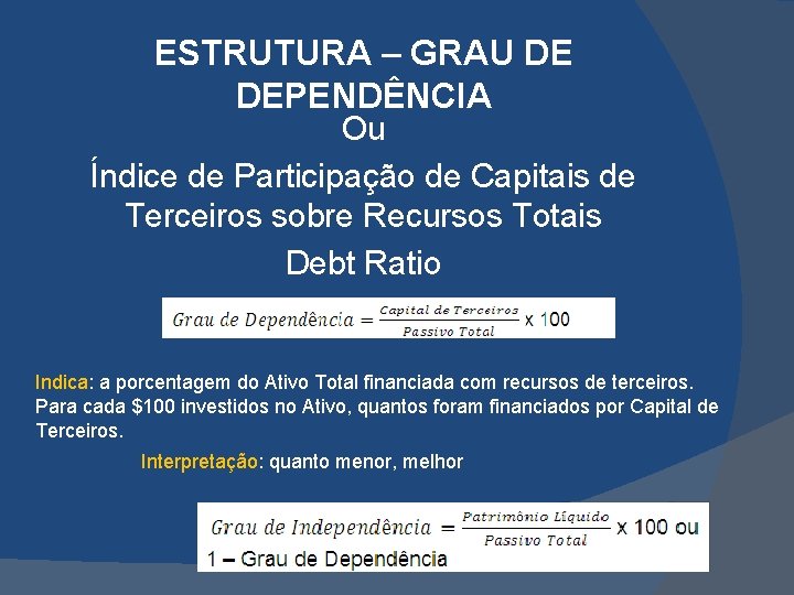 ESTRUTURA – GRAU DE DEPENDÊNCIA Ou Índice de Participação de Capitais de Terceiros sobre