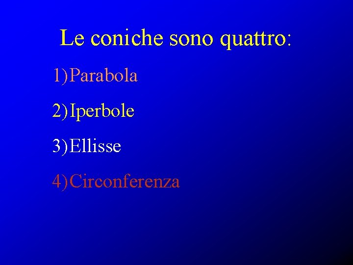 Le coniche sono quattro: 1) Parabola 2) Iperbole 3) Ellisse 4) Circonferenza 