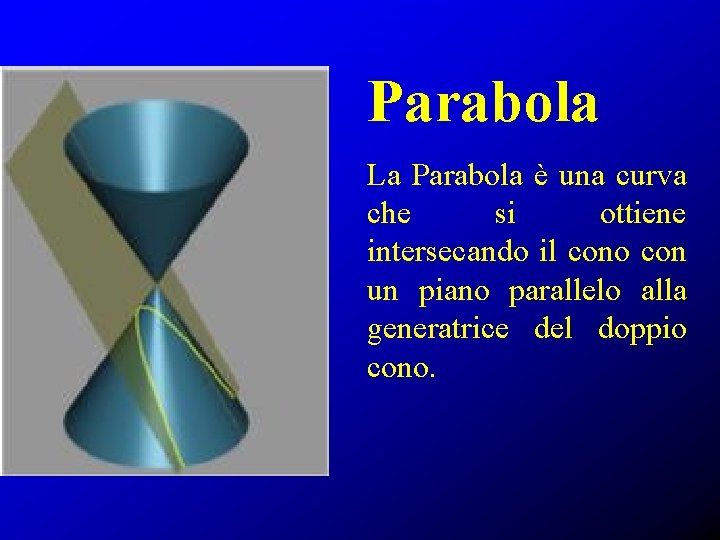 Parabola La Parabola è una curva che si ottiene intersecando il cono con un