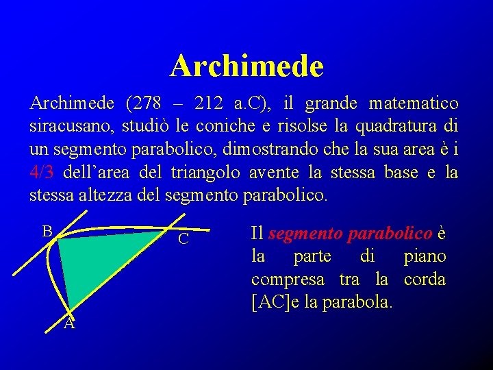 Archimede (278 – 212 a. C), il grande matematico siracusano, studiò le coniche e