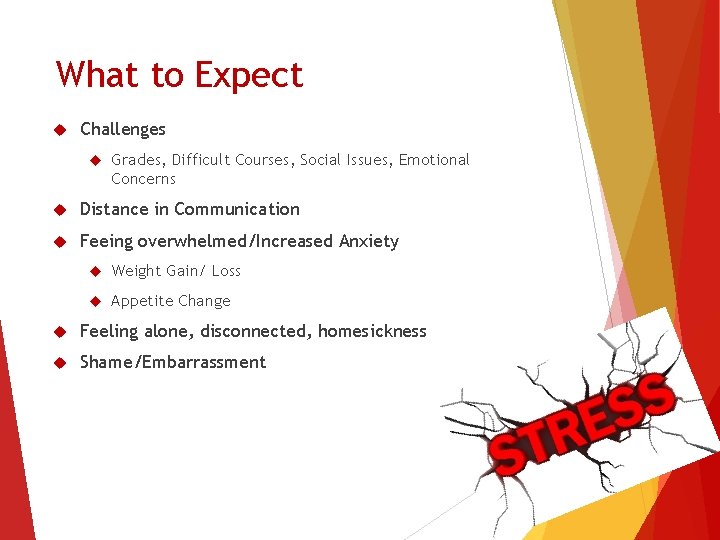 What to Expect Challenges Grades, Difficult Courses, Social Issues, Emotional Concerns Distance in Communication