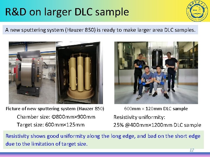 R&D on larger DLC sample A new sputtering system (Hauzer 850) is ready to