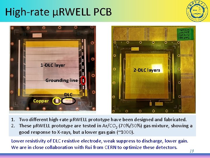 High-rate μRWELL PCB 1 -DLC layer 2 -DLC layers Grounding line Copper DLC 1.