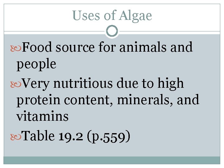 Uses of Algae Food source for animals and people Very nutritious due to high