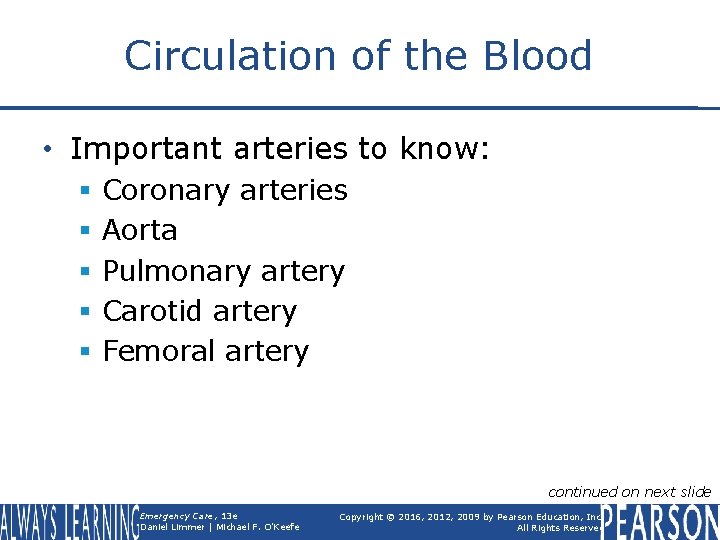 Circulation of the Blood • Important arteries to know: § § § Coronary arteries