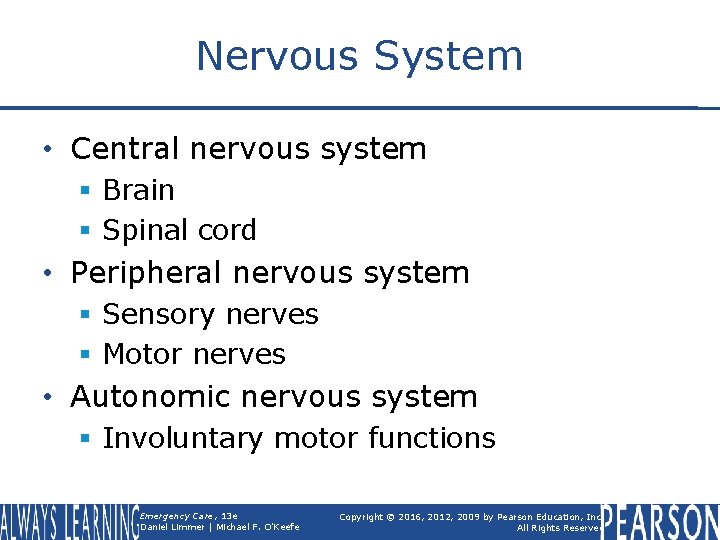 Nervous System • Central nervous system § Brain § Spinal cord • Peripheral nervous