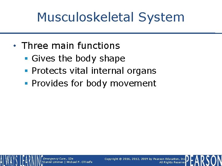 Musculoskeletal System • Three main functions § Gives the body shape § Protects vital