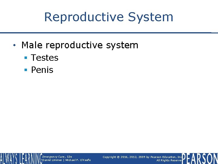 Reproductive System • Male reproductive system § Testes § Penis Emergency Care, 13 e