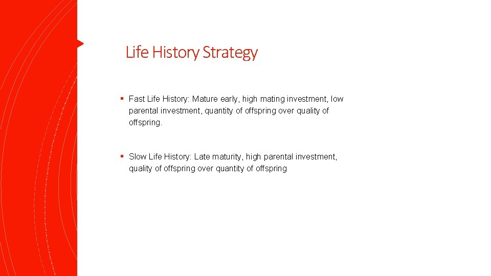 Life History Strategy § Fast Life History: Mature early, high mating investment, low parental