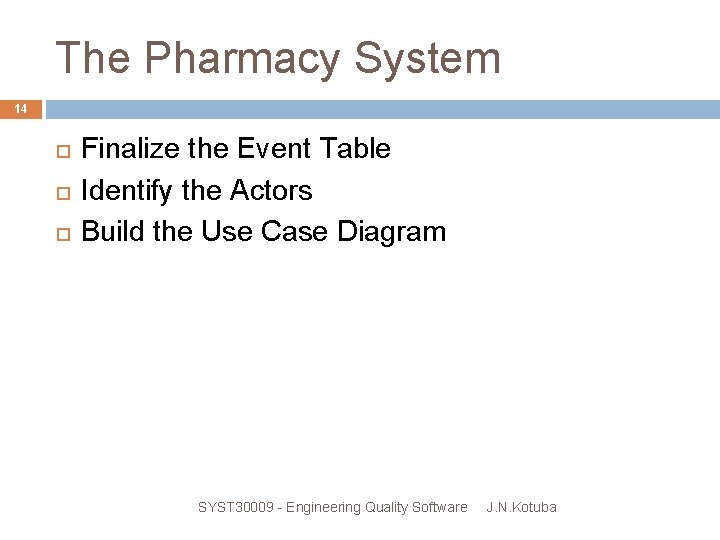 The Pharmacy System 14 Finalize the Event Table Identify the Actors Build the Use