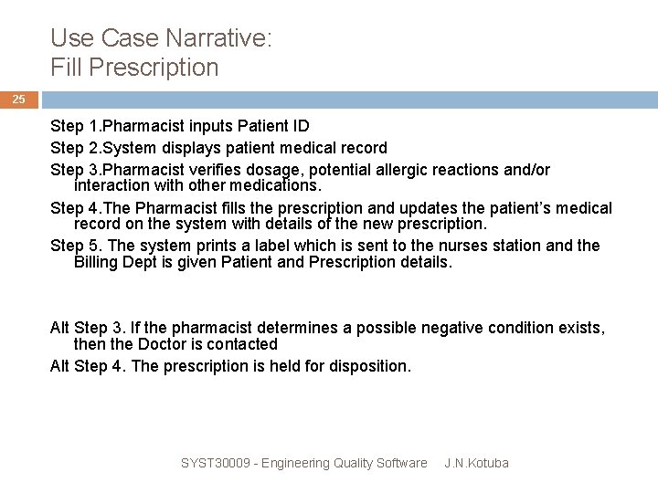 Use Case Narrative: Fill Prescription 25 Step 1. Pharmacist inputs Patient ID Step 2.