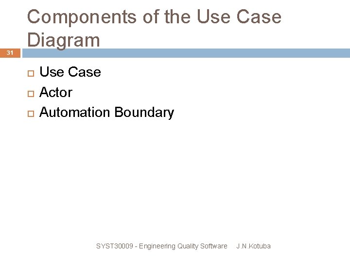 31 Components of the Use Case Diagram Use Case Actor Automation Boundary SYST 30009