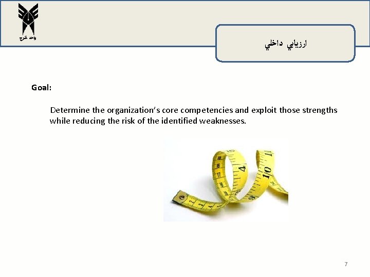 ﻭﺍﺣﺪ ﻛﺮﺝ ﺍﺭﺯﻳﺎﺑﻲ ﺩﺍﺧﻠﻲ Goal: Determine the organization’s core competencies and exploit those ﻭﺍﺣﺪ ﻛﺮﺝ ﺍﺭﺯﻳﺎﺑﻲ ﺩﺍﺧﻠﻲ Goal: Determine the organization’s core competencies and exploit those