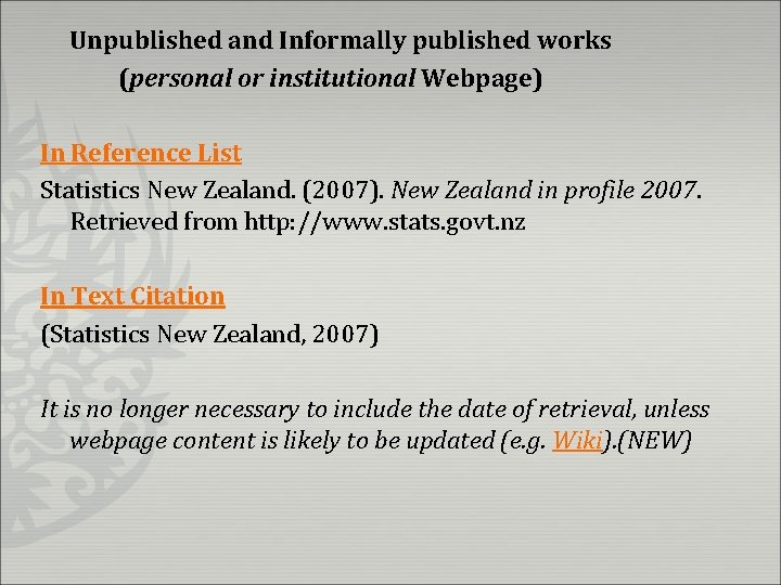 Unpublished and Informally published works (personal or institutional Webpage) In Reference List Statistics New