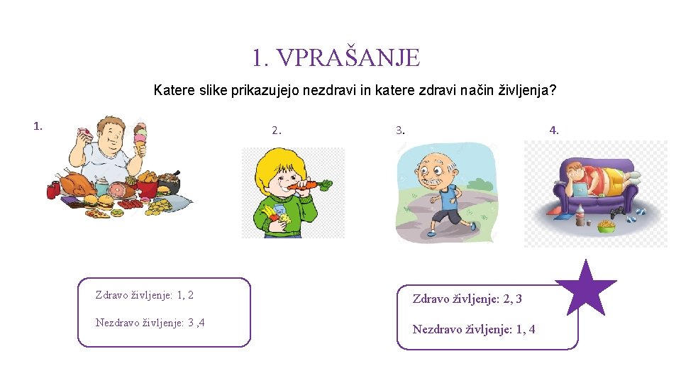 1. VPRAŠANJE Katere slike prikazujejo nezdravi in katere zdravi način življenja? 1. 2. Zdravo